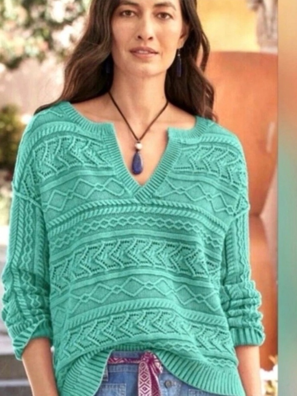 Sundance Rita Teal Cotton Easy Cable Knit Sweater Size Small